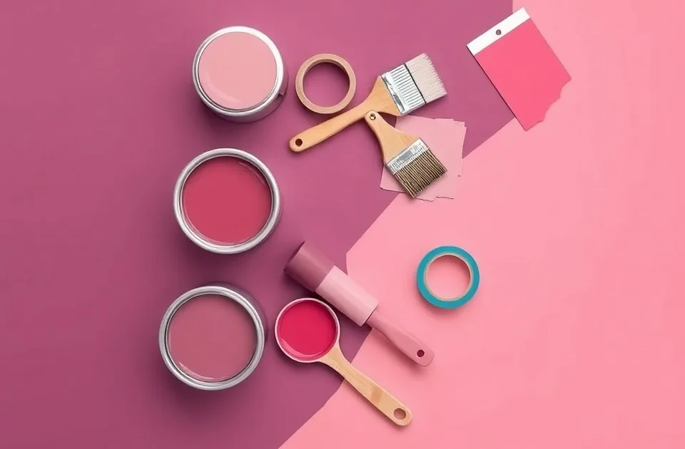 Pots de peinture, nuancier, brosses et rouleaux disposés à plat