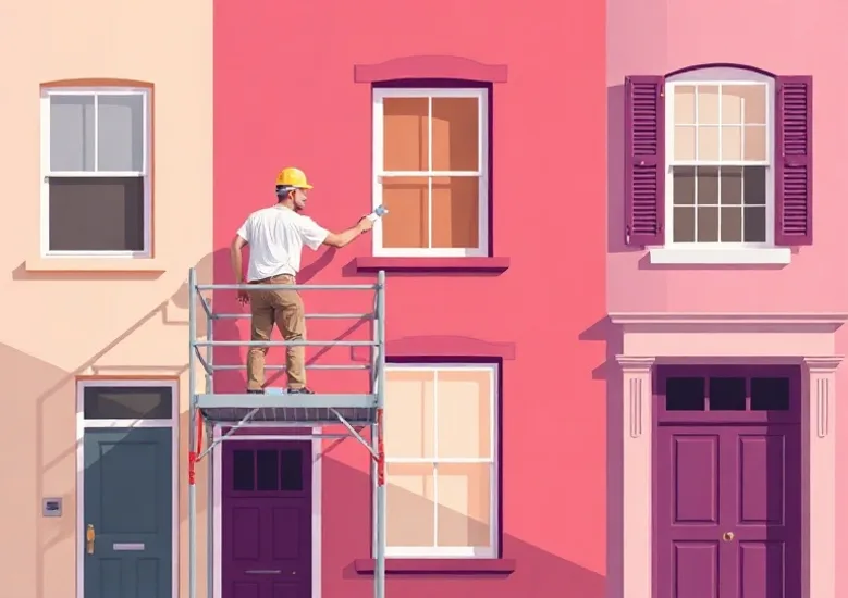 Peintre sur échafaudage traitant la façade d'une maison